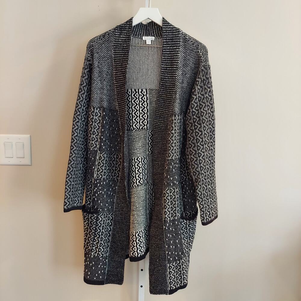 J. Jill Wool Blend Longline Cardigan Patchwork Black White SIze M Cozy